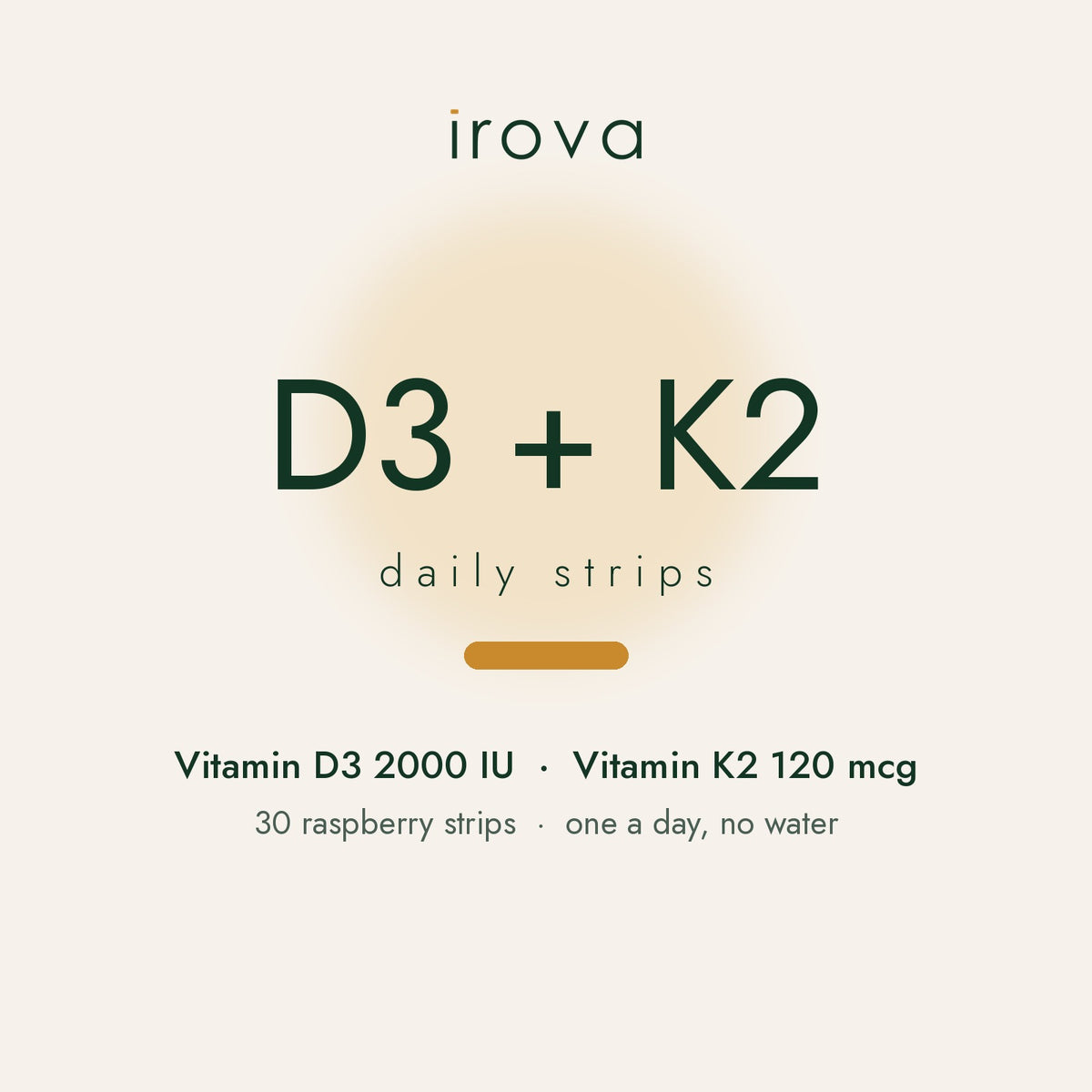 Irova Daily D3 + K2 Strips: vitamin D3 2000 IU and vitamin K2 120 mcg, 30 raspberry strips