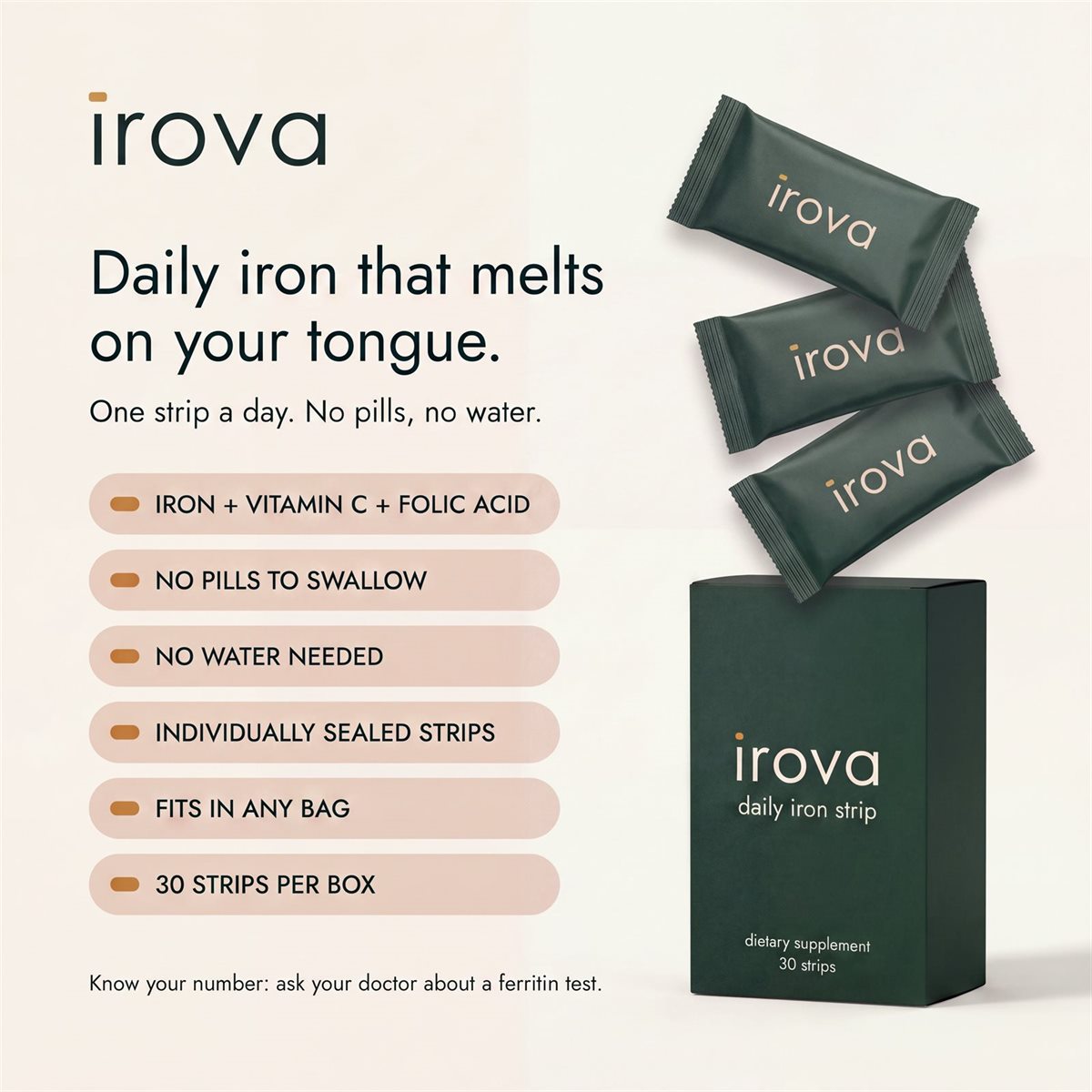 Daily iron that melts on your tongue: iron, vitamin C and folic acid, no pills, no water, individually sealed strips, 30 per box