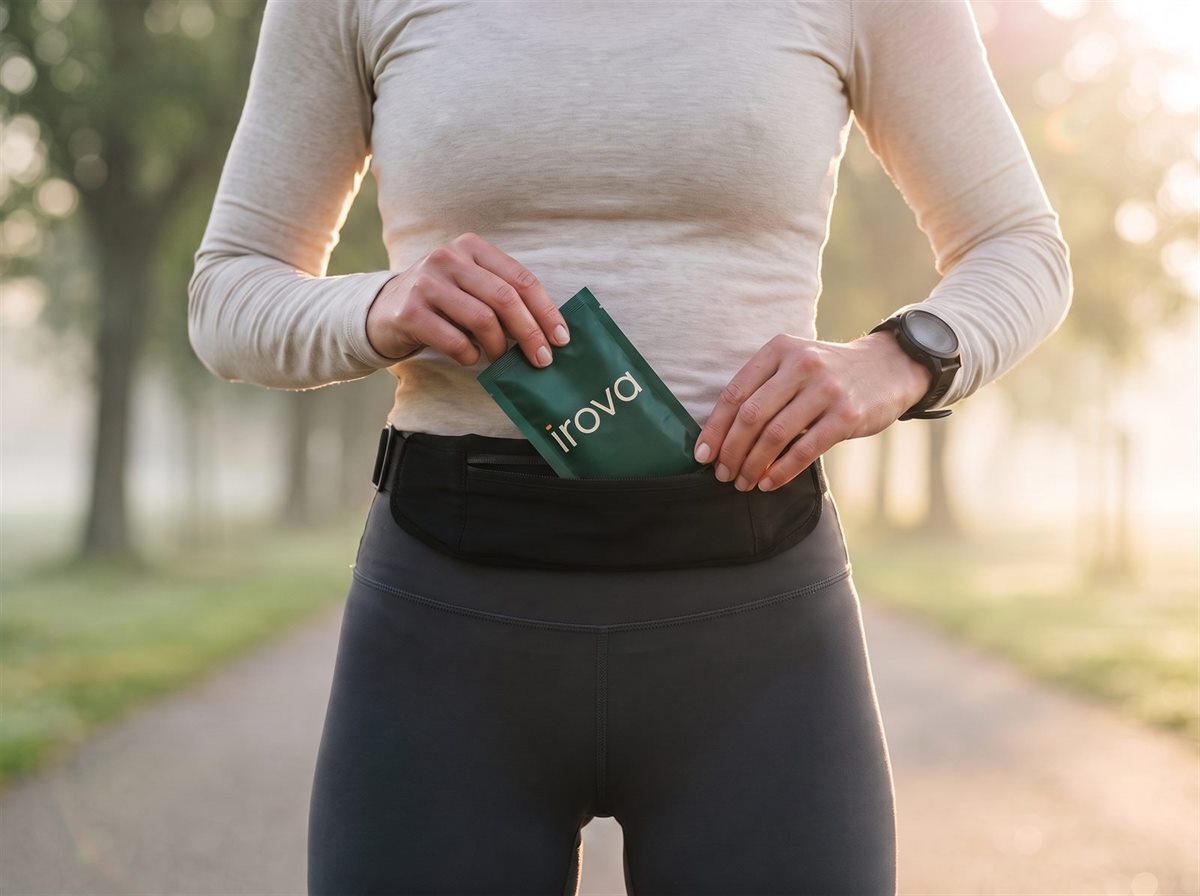 A runner at sunrise taking an Irova sachet out of her running belt