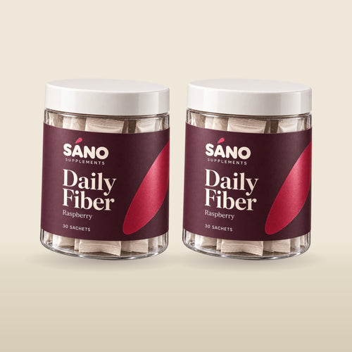 Two jars of Sáno Daily Fiber, raspberry, 30 sachets each