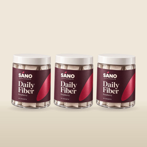 Three jars of Sáno Daily Fiber, raspberry, 30 sachets each