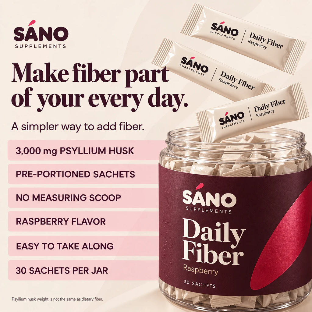 Make fiber part of your every day. 3,000 mg psyllium husk, pre-portioned sachets, no measuring scoop, raspberry flavor, easy to take along, 30 sachets per jar