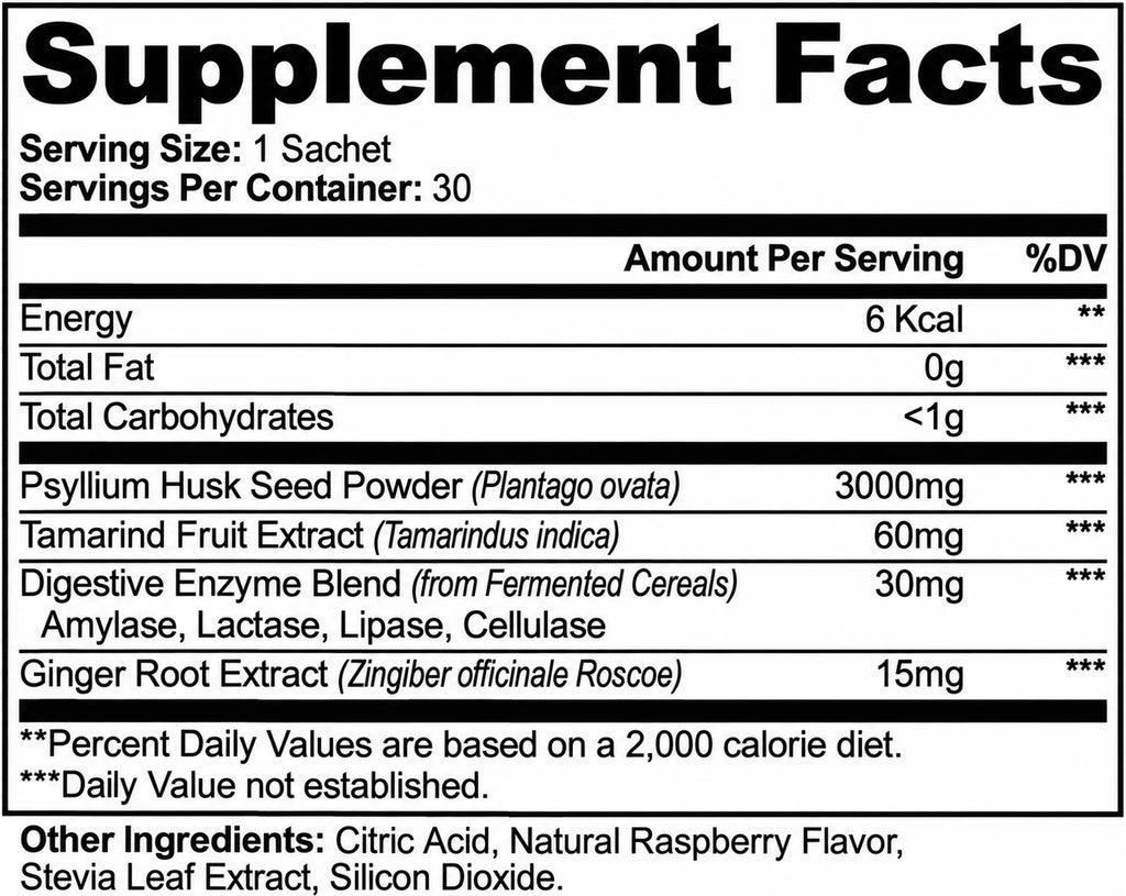 Supplement Facts: psyllium husk seed powder 3,000mg, tamarind fruit extract 60mg, digestive enzyme blend 30mg, ginger root extract 15mg
