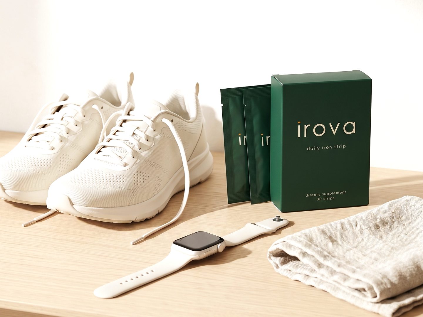 Running shoes, a watch and an Irova box with sachets